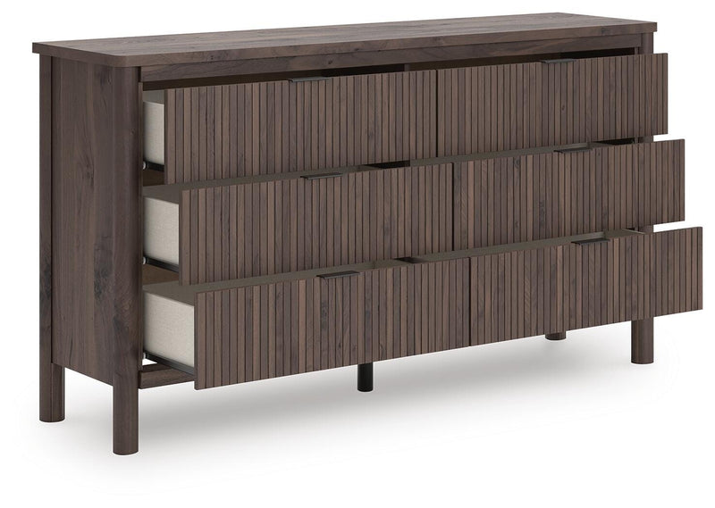 Pamytta Twin Upholstered Panel Platform Bed and Dresser in Brown - PKG022685