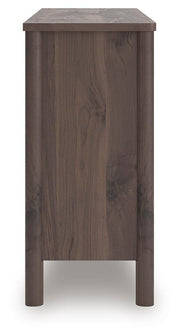 Pamytta Twin Upholstered Panel Platform Bed and Dresser in Brown - PKG022685