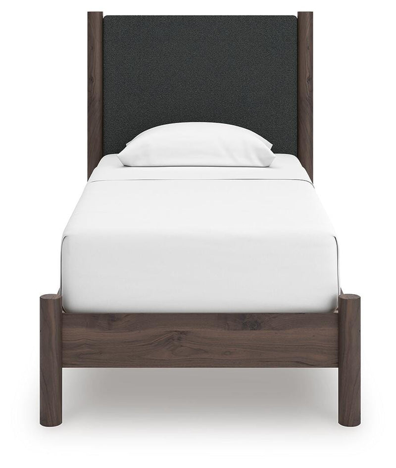 Pamytta Twin Upholstered Panel Platform Bed, Dresser and Nightstand in Brown - PKG022686