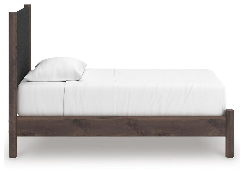 Pamytta Twin Upholstered Panel Platform Bed, Dresser and Nightstand in Brown - PKG022686