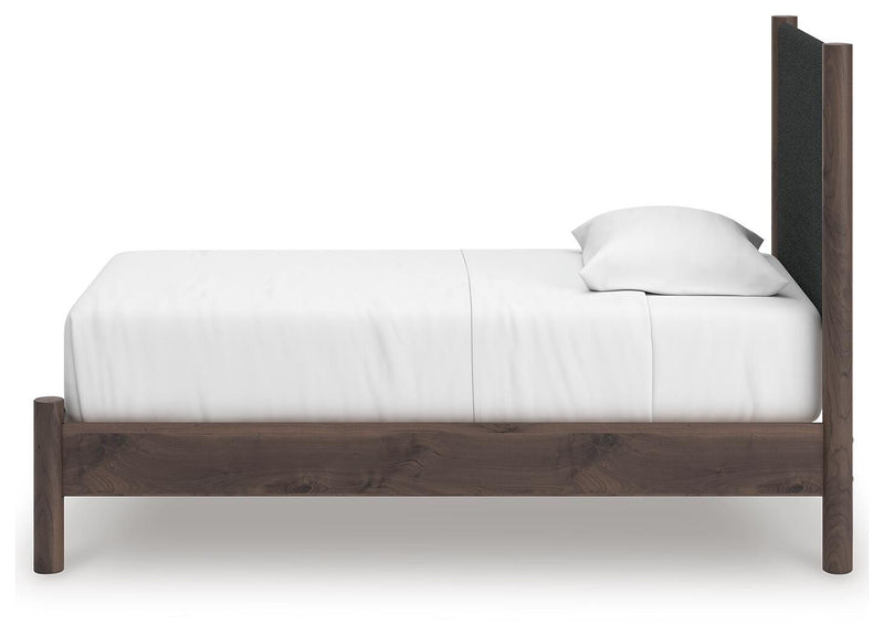 Pamytta Twin Upholstered Panel Platform Bed, Dresser and Nightstand in Brown - PKG022686