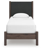Pamytta Twin Upholstered Panel Platform Bed, Dresser, Mirror and Chest in Brown - PKG022683