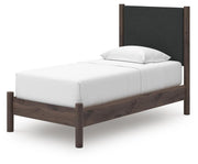 Pamytta Twin Upholstered Panel Platform Bed, Dresser, Mirror and Chest in Brown - PKG022683