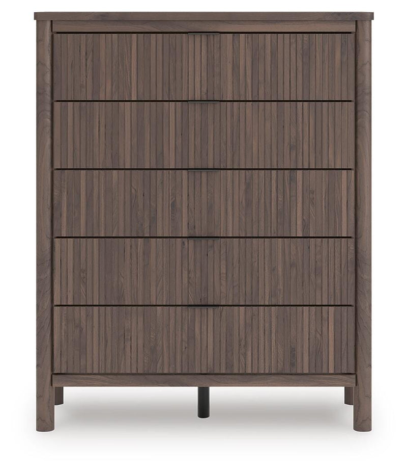 Pamytta Twin Upholstered Panel Platform Bed, Dresser, Mirror and Chest in Brown - PKG022683