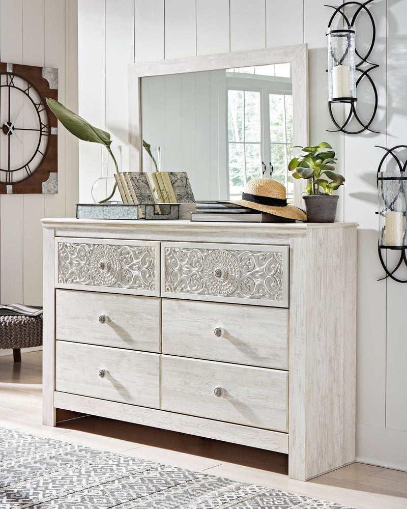 Paxberry Queen Panel Bed with Mirrored Dresser and 2 Nightstands in Whitewash from Ashley - Lara Furniture