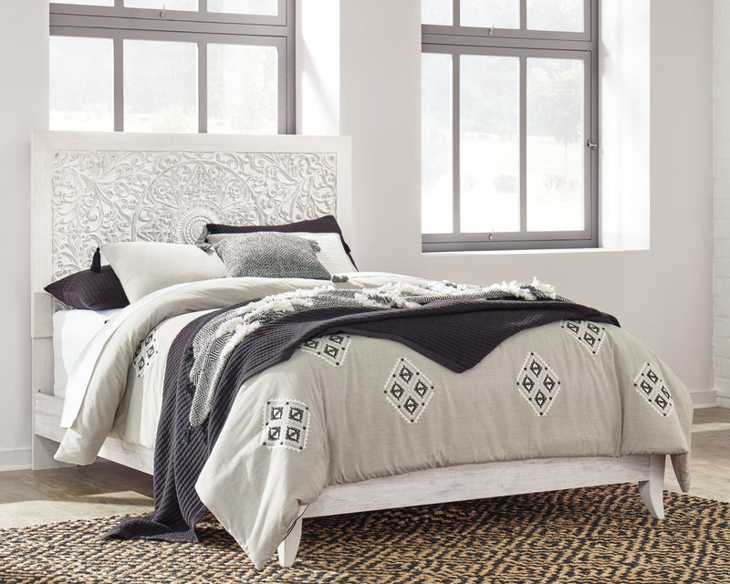 Paxberry Queen Panel Bed with Mirrored Dresser and 2 Nightstands in Whitewash from Ashley - Lara Furniture