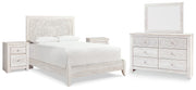 Paxberry Queen Panel Bed with Mirrored Dresser and 2 Nightstands in Whitewash from Ashley - Lara Furniture