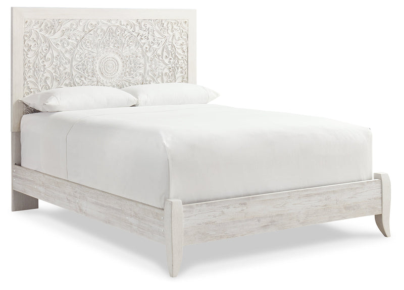 Paxberry Queen Panel Bed with Mirrored Dresser and 2 Nightstands in Whitewash from Ashley - Lara Furniture