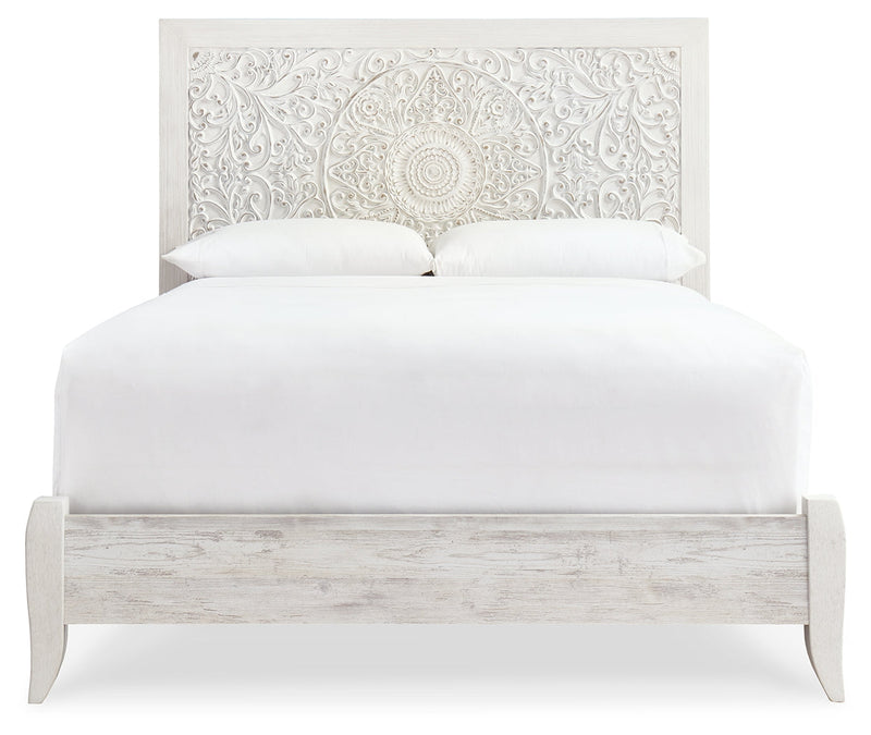 Paxberry Queen Panel Bed with Mirrored Dresser and 2 Nightstands in Whitewash from Ashley - Lara Furniture