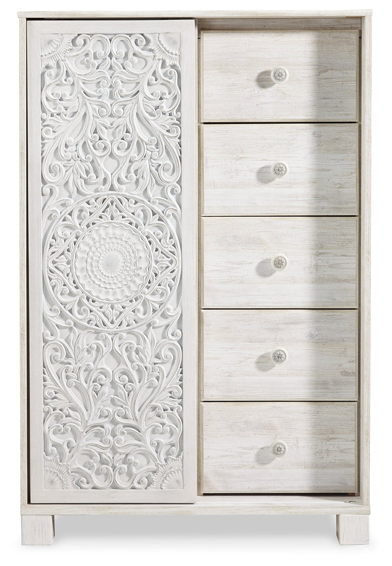 Paxberry Queen Panel Bed with Mirrored Dresser, Chest and 2 Nightstands in Whitewash from Ashley - Lara Furniture