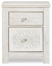 Paxberry Queen Panel Bed with Mirrored Dresser, Chest and 2 Nightstands in Whitewash from Ashley - Lara Furniture
