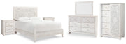 Paxberry Queen Panel Bed with Mirrored Dresser, Chest and 2 Nightstands in Whitewash from Ashley - Lara Furniture