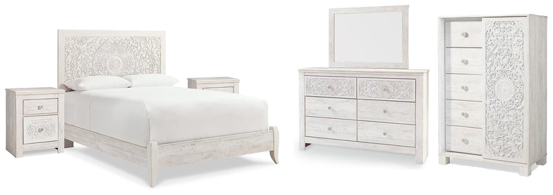 Paxberry Queen Panel Bed with Mirrored Dresser, Chest and 2 Nightstands in Whitewash from Ashley - Lara Furniture