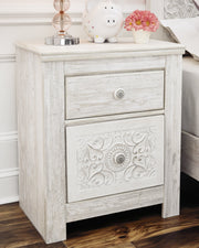 Paxberry Queen Panel Bed with Mirrored Dresser, Chest and 2 Nightstands in Whitewash from Ashley - Lara Furniture