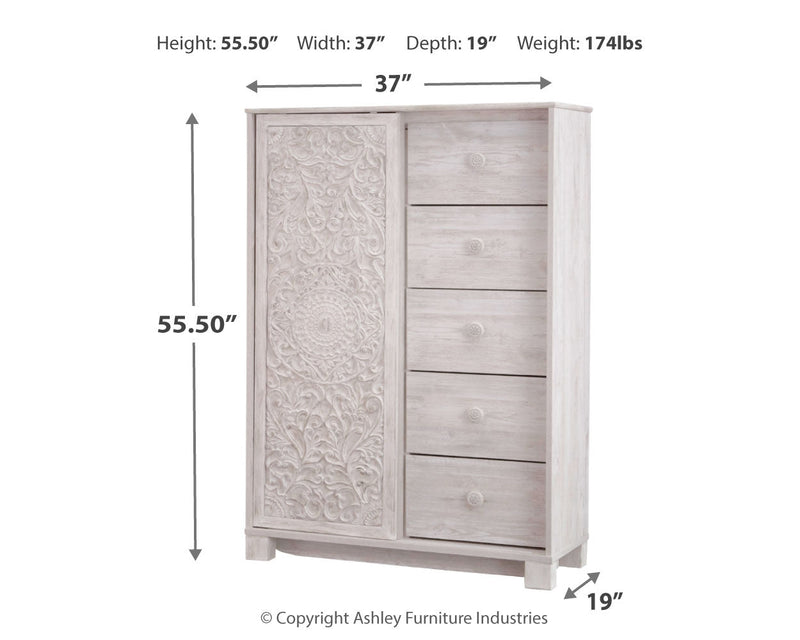 Paxberry Queen Panel Bed with Mirrored Dresser, Chest and 2 Nightstands in Whitewash from Ashley - Lara Furniture