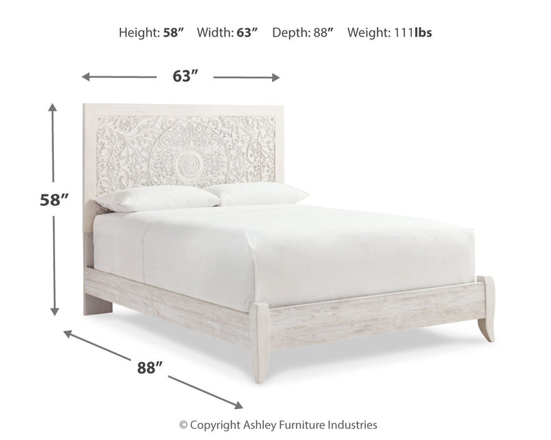 Paxberry Queen Panel Bed with Mirrored Dresser, Chest and 2 Nightstands in Whitewash from Ashley - Lara Furniture