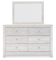 Paxberry Queen Panel Bed with Mirrored Dresser, Chest and 2 Nightstands in Whitewash from Ashley - Lara Furniture