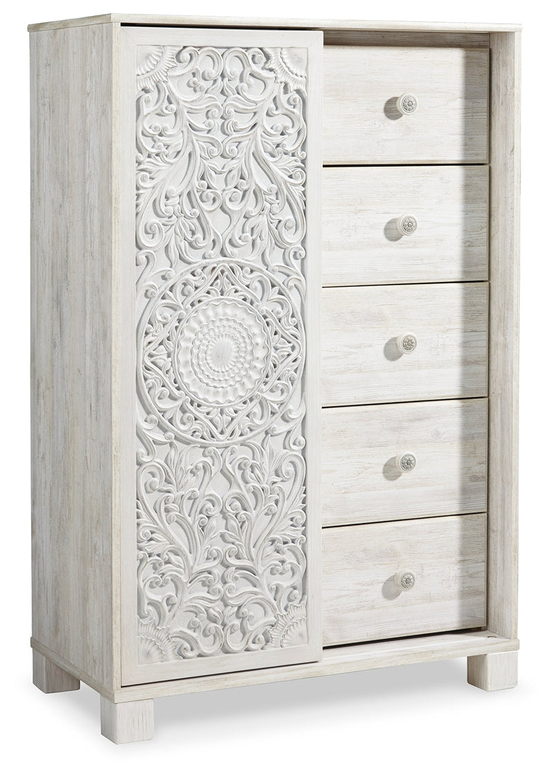 Paxberry Queen Panel Bed with Mirrored Dresser, Chest and 2 Nightstands in Whitewash from Ashley - Lara Furniture