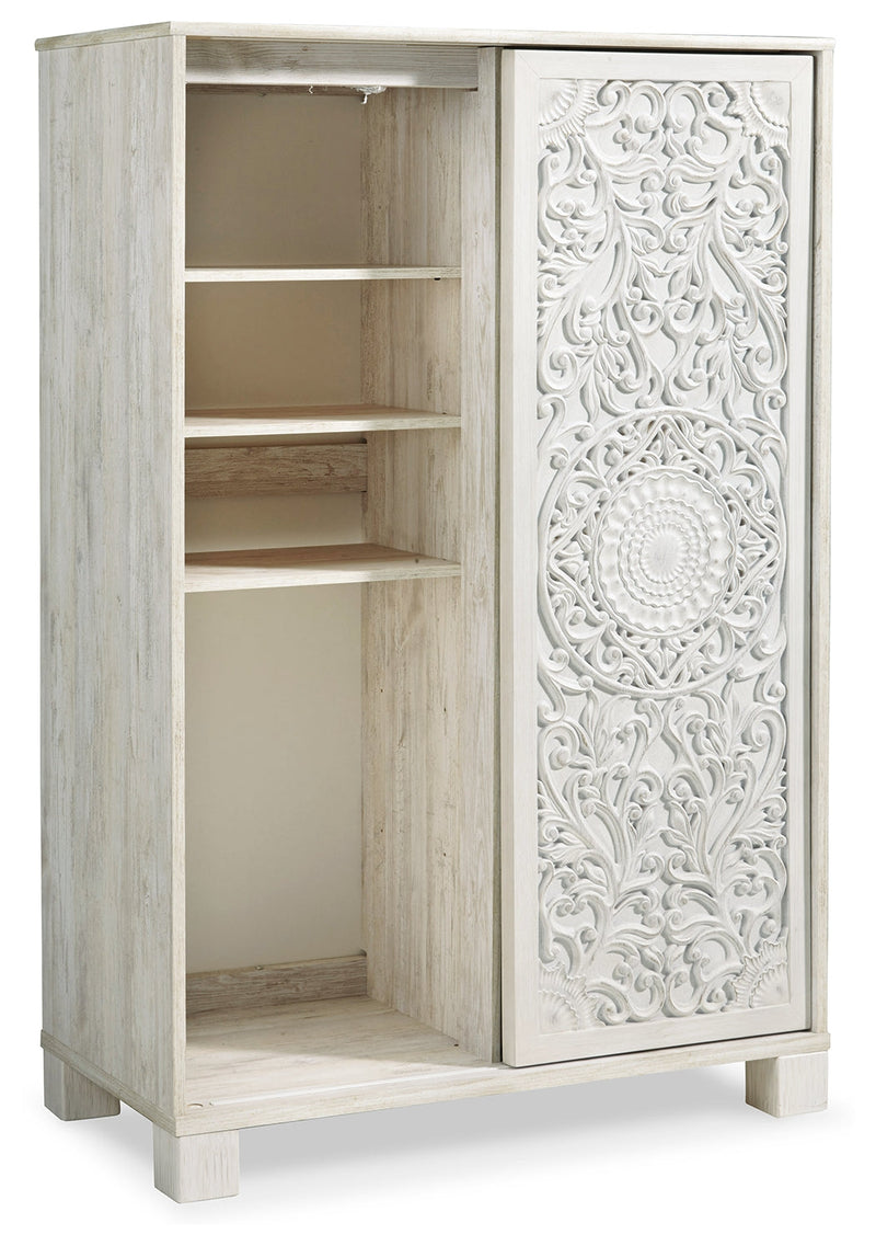 Paxberry Queen Panel Bed with Mirrored Dresser, Chest and 2 Nightstands in Whitewash from Ashley - Lara Furniture