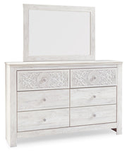 Paxberry Queen Panel Bed with Mirrored Dresser in Whitewash from Ashley - Lara Furniture