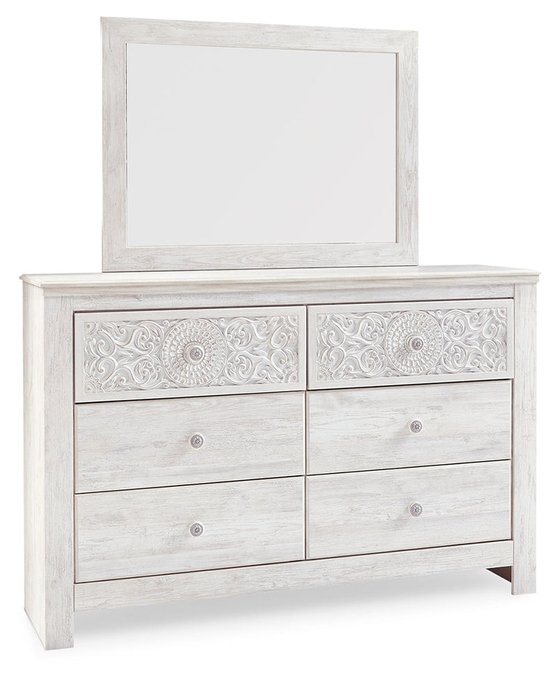 Paxberry Queen Panel Bed with Mirrored Dresser in Whitewash from Ashley - Lara Furniture