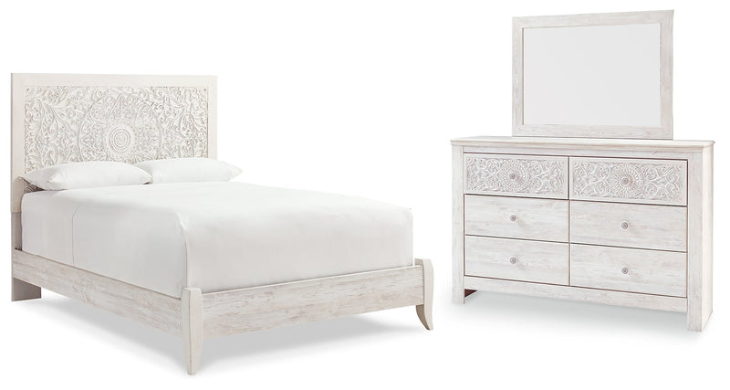 Paxberry Queen Panel Bed with Mirrored Dresser in Whitewash from Ashley - Lara Furniture