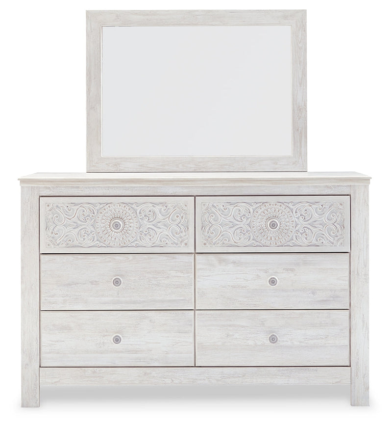 Paxberry Queen Panel Bed with Mirrored Dresser in Whitewash from Ashley - Lara Furniture