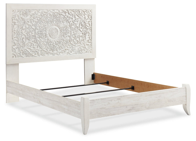 Paxberry Queen Panel Bed with Mirrored Dresser in Whitewash from Ashley - Lara Furniture