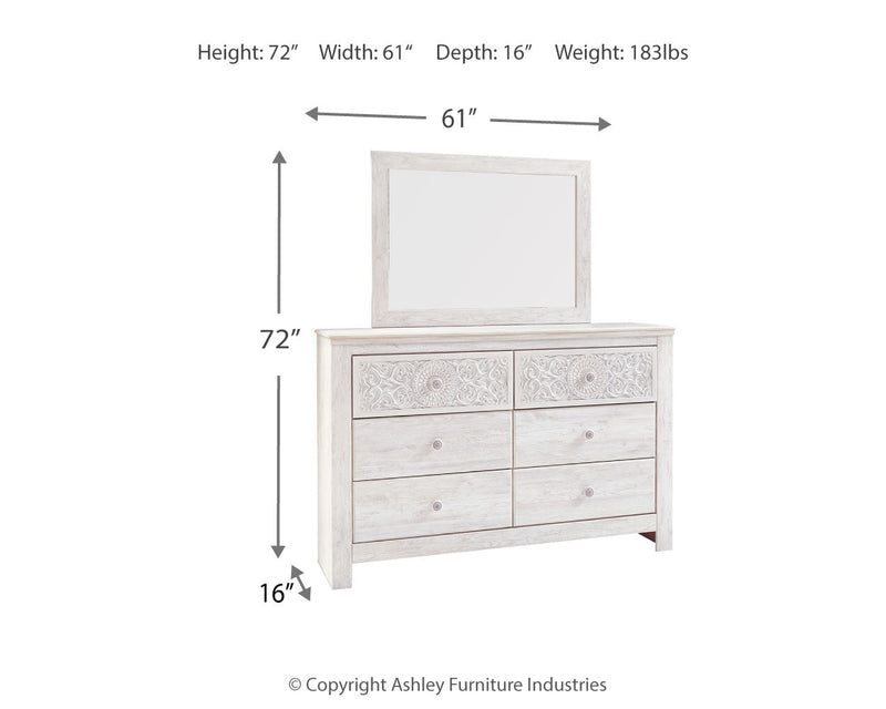 Paxberry Queen Panel Bed with Mirrored Dresser in Whitewash from Ashley - Lara Furniture