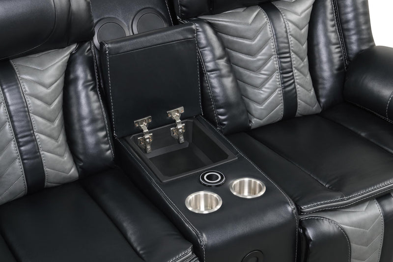 Phantom - Black & Gray Power Recliner Loveseat with Storage Console, Bluetooth Speaker, Subwoofer, Wireless Charger, Tube LED Light, LED on Sides, Cup Holder, USB Charger - L674-L