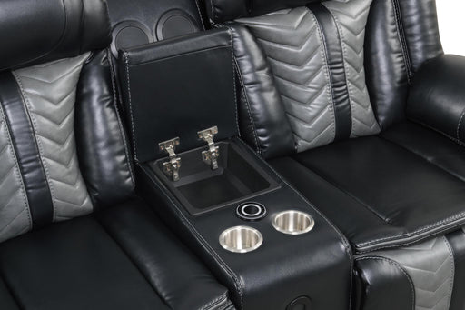 Phantom - Black & Gray Power Recliner Loveseat with Storage Console, Bluetooth Speaker, Subwoofer, Wireless Charger, Tube LED Light, LED on Sides, Cup Holder, USB Charger - L674-L