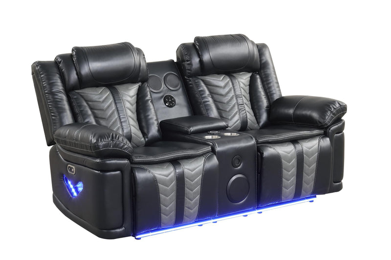 Phantom - Black & Gray Power Recliner Loveseat with Storage Console, Bluetooth Speaker, Subwoofer, Wireless Charger, Tube LED Light, LED on Sides, Cup Holder, USB Charger - L674-L