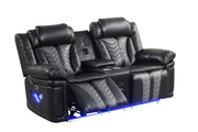 Phantom - Black & Gray Power Recliner Loveseat with Storage Console, Bluetooth Speaker, Subwoofer, Wireless Charger, Tube LED Light, LED on Sides, Cup Holder, USB Charger - L674-L