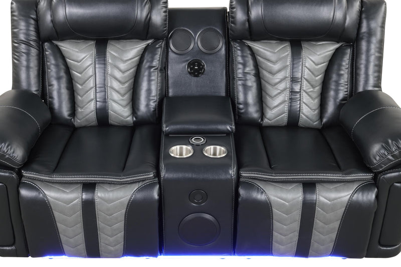 Phantom - Black & Gray Power Recliner Loveseat with Storage Console, Bluetooth Speaker, Subwoofer, Wireless Charger, Tube LED Light, LED on Sides, Cup Holder, USB Charger - L674-L