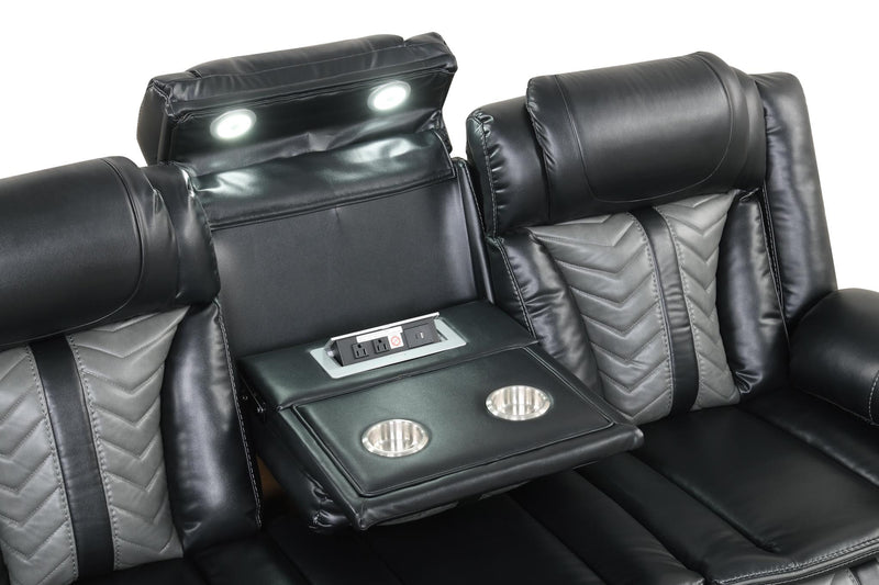 Phantom - Black & Gray Power Recliner Sofa with Drop Down Table, Reading Light, Power Source, Tube LED Light, LED on Sides, Cup Holder, USB Charger - L674-S