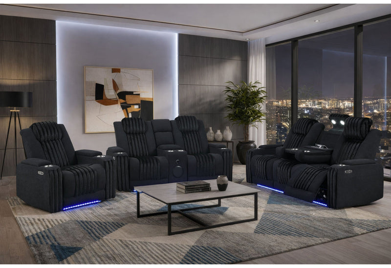 U8000 Black Pwr Rec Sofa/Pwr Con Rec Loveseat/Pwr Recliner W/Phr - U8000-BLACK-PCRLS/ PRS/ PR W/ PHR