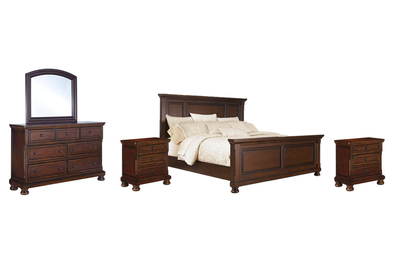 Porter California King Panel Bed with Mirrored Dresser and 2 Nightstands in Rustic Brown - PKG006270