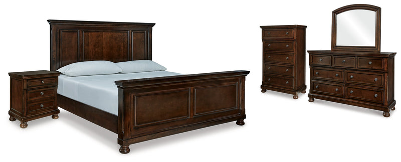 Porter King Panel Bed with Mirrored Dresser, Chest and Nightstand in Rustic Brown - PKG006252