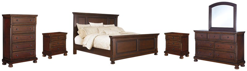Porter Queen Panel Bed with Mirrored Dresser, Chest and 2 Nightstands in Rustic Brown - PKG006290