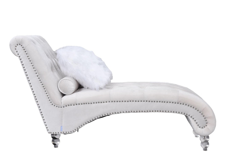 Posh - Cream Velvet Chaise with Nailhead Trim and Acrylic Crystal Legs - L703