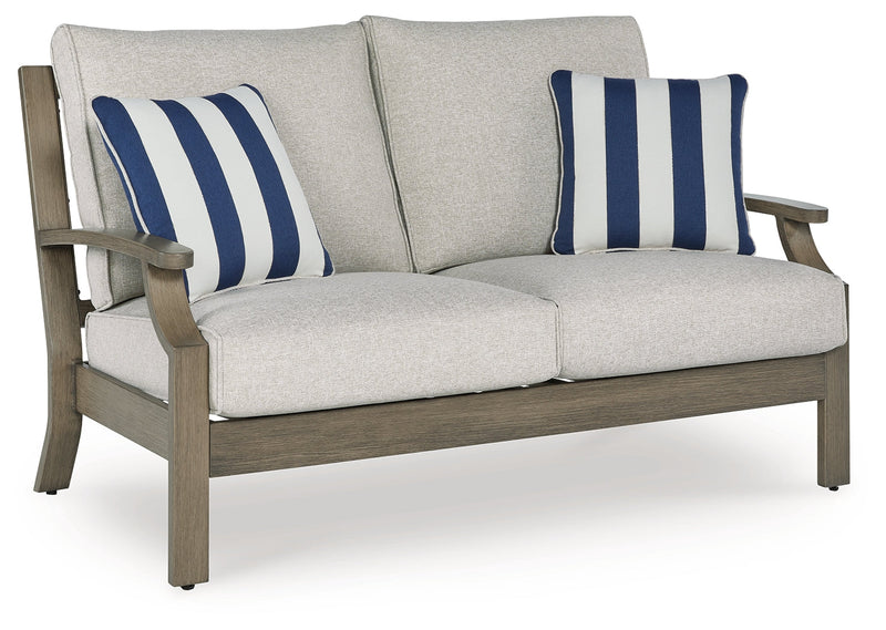 Rainier Ranch Outdoor Loveseat and 2 Chairs with Coffee Table in Brown/Beige from Ashley - Lara Furniture