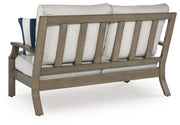 Rainier Ranch Outdoor Loveseat and 2 Chairs with Coffee Table in Brown/Beige from Ashley - Lara Furniture
