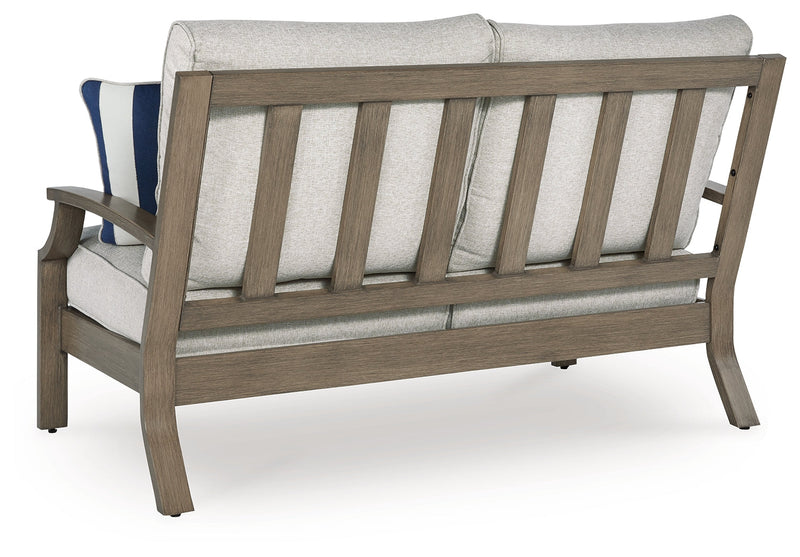 Rainier Ranch Outdoor Loveseat and 2 Chairs with Coffee Table in Brown/Beige from Ashley - Lara Furniture