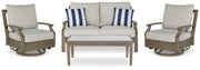 Rainier Ranch Outdoor Loveseat and 2 Chairs with Coffee Table in Brown/Beige from Ashley - Lara Furniture
