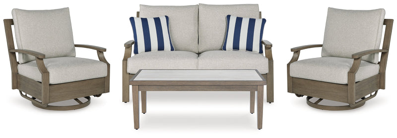 Rainier Ranch Outdoor Loveseat and 2 Chairs with Coffee Table in Brown/Beige from Ashley - Lara Furniture