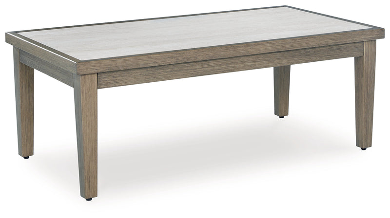 Rainier Ranch Outdoor Loveseat and 2 Chairs with Coffee Table in Brown/Beige from Ashley - Lara Furniture