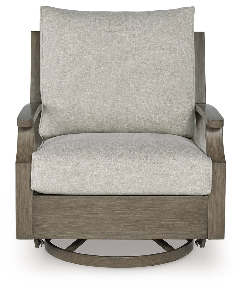 Rainier Ranch Outdoor Loveseat and 2 Chairs with Coffee Table in Brown/Beige from Ashley - Lara Furniture