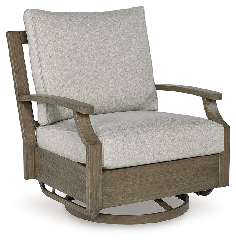 Rainier Ranch Outdoor Loveseat and 2 Chairs with Coffee Table in Brown/Beige from Ashley - Lara Furniture