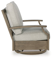 Rainier Ranch Outdoor Loveseat and 2 Chairs with Coffee Table in Brown/Beige from Ashley - Lara Furniture
