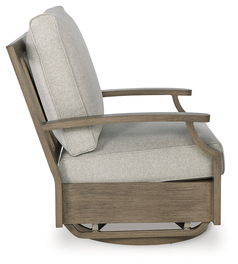 Rainier Ranch Outdoor Loveseat and 2 Chairs with Coffee Table in Brown/Beige from Ashley - Lara Furniture